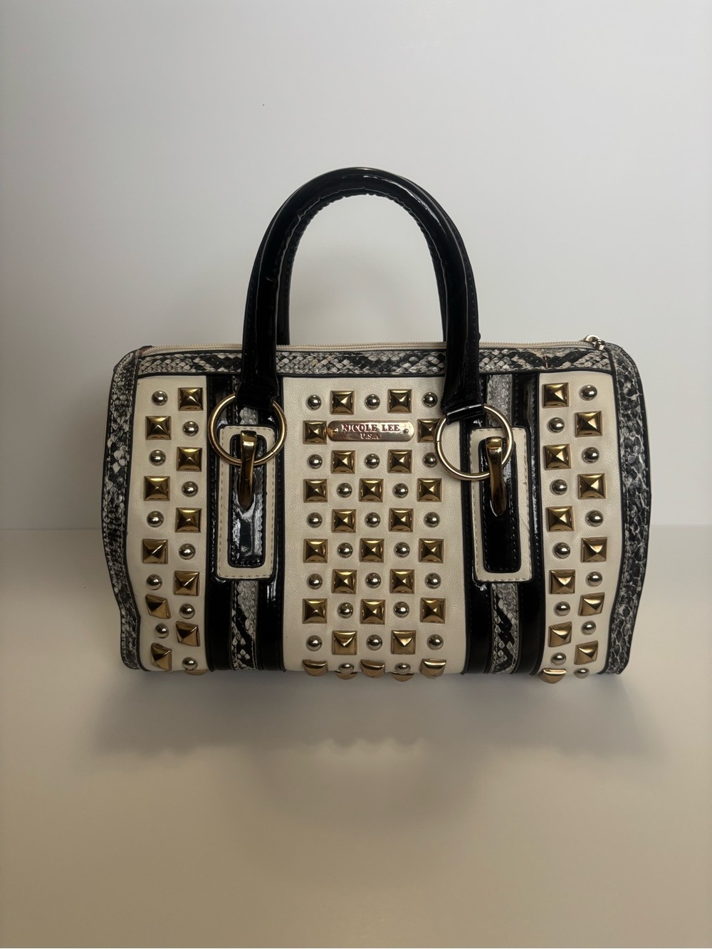 Nicole Lee Black and White Studded Satchel with Gold Accents